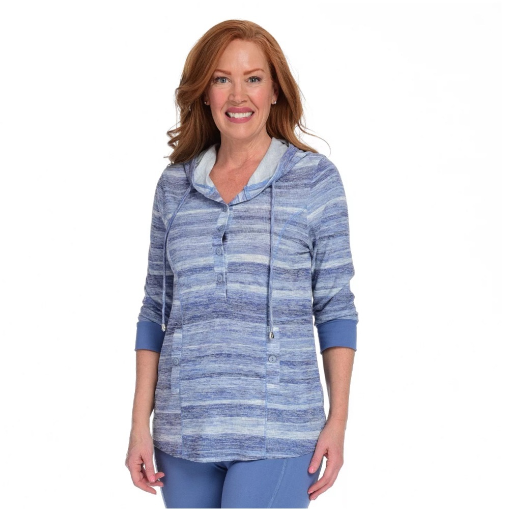 Women’s One World Blue Space Dyed Stripe 3/4 Sleeve Athleisure Hoodie
